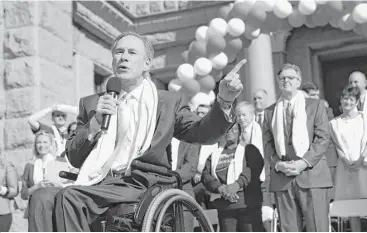  ?? Eric Gay / Associated Press ?? At a school choice rally on the steps of the state Capitol last month, Gov. Greg Abbott urged the Legislatur­e to pass a school choice bill, but its sponsor lacks the votes needed for a vote in the full Senate.