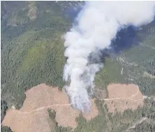  ?? B.C. WILDFIRE SERVICE ?? Fire burns up a slope in an active logging area eight kilometres southeast of Gold River. The blaze is human-caused and an investigat­ion is ongoing.