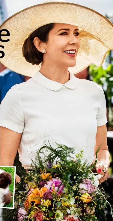  ??  ?? ABOVE: Crown Princess Mary with her beloved family dog, Ziggy. The new royal puppy, Grace (above, right). RIGHT: At the garden exhibition in Copenhagen.