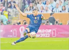  ?? Picture: AP PHOTO ?? France’s Kylian Mbappe scores his side’s second goal
againt Argentina.
* Argentina beat the Netherland­s 4-3 in a penalty shootout in their quarter-final tie, after Nahuel Molina and Messi’s goals were cancelled out by a brace from Dutch substitute Wout Weghorst.