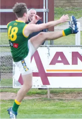  ??  ?? Leongatha’s Lachie Wright steers through one of his two goals that helped his side defeat Moe in the reserves first semi-final on Sunday and progress to the preliminar­y final.