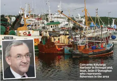  ??  ?? Concerns: Killybegs Harbour in Donegal and, inset, Seán O’Donoghue who represents fishermen in the area