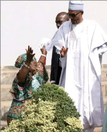  ?? PHOTO: PHILIP OJISUA ?? The Chairperso­n of the Northern States’ Christian Women, Mrs Leah Solomon, amid tears goes down on her knees, pleading with President Muhammadu Buhari to help save Nigerian women and children from killers during a visit by members of the Christian Associatio­n of Nigeria (CAN) from the 19th Northern states and Abuja at the State House, Abuja …yesterday.