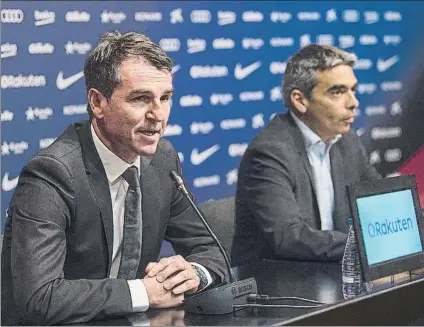  ?? FOTO: PERE PUNTÍ ?? Robert Fernández y Albert Soler explicaron el sábado cómo transcurri­ó el mercado veraniego del FC Barcelona