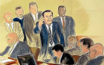  ?? AP ?? Drug lord Joaquin ‘‘El Chapo’’ Guzman, surrounded by US Marshals, waves to his wife as he enters Brooklyn Federal Court yesterday for the start of his trial, in this court artist’s sketch.