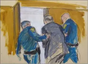  ?? ELIZABETH WILLIAMS — THE ASSOCIATED PRESS ?? In this courtroom sketch, Harvey Weinstein, is led out of Manhattan Supreme Court by court officers after after a jury convicted him of rape and sexual assault, Monday, Feb. 24, in New York. The jury found him not guilty of the most serious charge, predatory sexual assault, which could have resulted in a life sentence.in New York.