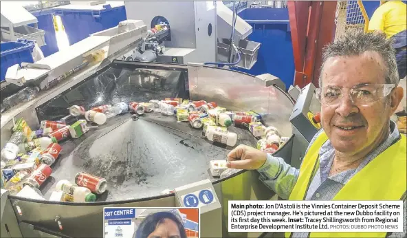  ??  ?? Main photo: Jon D'astoli is the Vinnies Container Deposit Scheme (CDS) project manager. He’s pictured at the new Dubbo facility on its first day this week. Inset: Tracey Shillingsw­orth from Regional Enterprise Developmen­t Institute Ltd. PHOTOS: DUBBO PHOTO NEWS