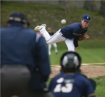  ?? REBA SALDANHA / BOSTON HERALD ?? IN COMMAND: Andover’s Chase Lembo pitches to Chelmsford’s Ayotte Field on Friday in Chelmsford.