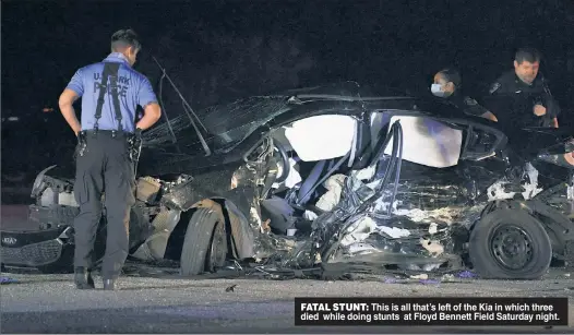  ??  ?? FATAL STUNT: This is all that’s left of the Kia in which three died while doing stunts at Floyd Bennett Field Saturday night.