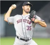  ?? Sean M. Haffey / Getty Images ?? Justin Verlander lived up to his billing in his second start for the Astros, going eight innings and allowing only a leadoff double by Brandon Phillips.