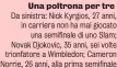  ?? ?? Una poltrona per tre Da sinistra: Nick Kyrgios, 27 anni, in carriera non ha mai giocato una semifinale di uno Slam; Novak Djokovic, 35 anni, sei volte trionfator­e a Wimbledon; Cameron Norrie, 26 anni, alla prima semifinale