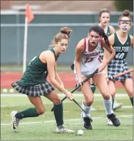  ?? Arnold Gold / Hearst Connecticu­t Media ?? Guilford’s Ella Clarke, left, and Cheshire’s Lauren Houle fight for the ball in the SCC Division A field hockey championsh­ip at Cheshire High in 2020.