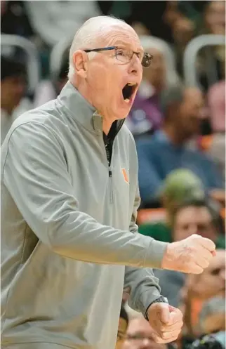  ?? LYNNE SLADKY/AP ?? Miami coach Jim Larranaga, shown during a game against Florida State on Jan. 17 in Coral Gables, and his Hurricanes suffered another ACC loss at N.C. State on Tuesday night.