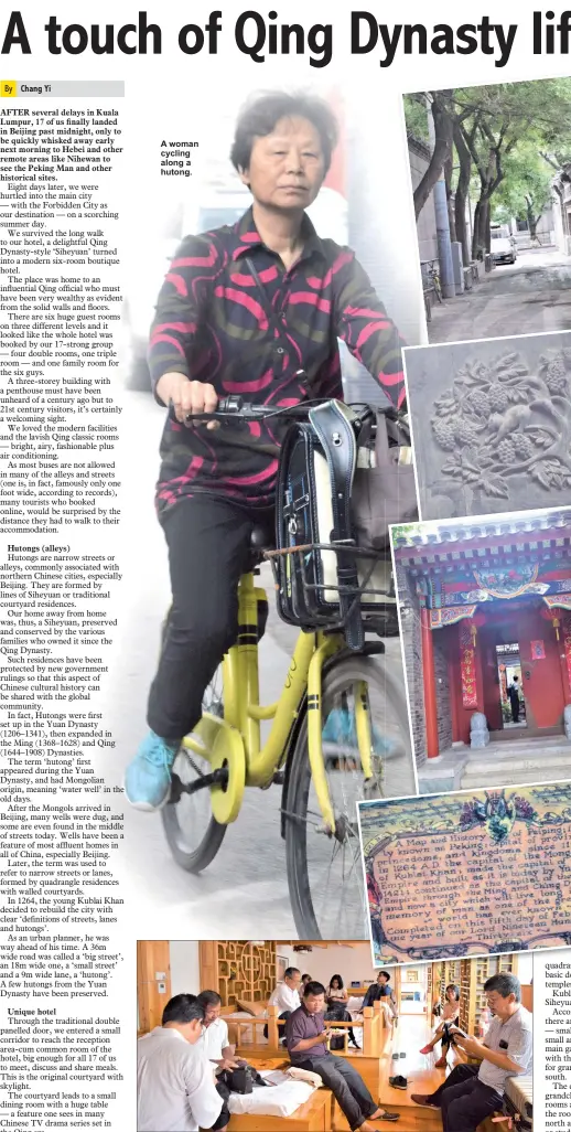  ??  ?? A woman cycling along a hutong. A room for six is enough for 17 people to hold a meeting.