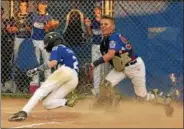  ?? STAN HUDY - SHUDY@DIGITALFIR­STMEDIA.COM ?? After tagging out Saratoga’s Patrick Temple at the plate in the bottom of the fifth inning Monday, Rotterdam/Carman catcher A.J. Fasolino looks to fire to third in Monday’s District 11⁄12 championsh­ip finale.