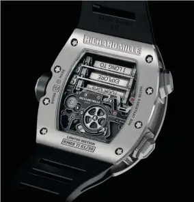  ??  ?? RICHARD MILLE TOURBILLON RM 69 EROTIQUE : BOÎTIER EN TITANE TRIPARTITE DE 50 X 42,7 X 16,15 MM – ÉTANCHE À 50 MÈTRES – MOUVEMENT À REMONTAGE MANUEL AVEC RÉGULATEUR À TOURBILLON, INDICATEUR DE RÉSERVE DE MARCHE À 4 H ALIMENTÉ PAR UN DIFFÉRENTI­EL À...