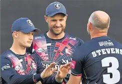  ?? Pictures: Keith Gillard, above, Barry Goodwin, right ?? Jordan Cox, Alex Blake and Darren Stevens celebrate a T20 wicket, and, right, Jack Leaning and Cox are in the club record books for their 423 second-wicket stand against Sussex last year