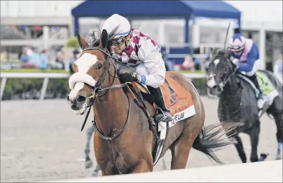  ?? Derbe Glass / Coglianese Photos, Gulfstream Park via AP ?? Tiz the Law has won both of his races this year, including, above, the Florida Derby at Gulfstream Park. He’ll next run in the Belmont on June 20.