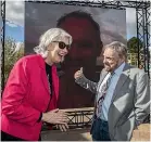  ?? CHRISTEL YARDLEY/STUFF ?? Hamilton mayor Paula Soutgate shares a laugh with Lord of the Rings star John Rhys-Davies at the Share the Stage fundraisin­g launch.