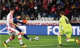  ?? Photograph: Justin Setterfiel­d/Getty Images ?? Son Heung-min scores his first and his team’s second goal in Tottenham’s 4-0 victory at Red Star Belgrade in the Champions League.