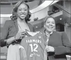  ?? By Jessica Hill, AP ?? Pro: Nnemkadi Ogwumike, left, holds up a Sparks jersey with WNBA President Laurel J. Richie.