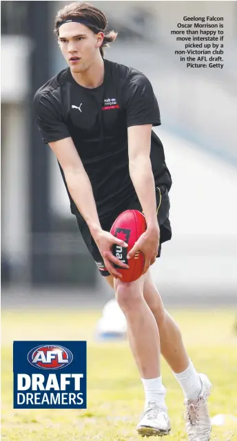  ?? Picture: Getty ?? Geelong Falcon Oscar Morrison is more than happy to move interstate if picked up by a non-Victorian club in the AFL draft.