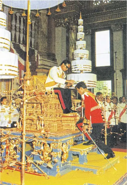  ??  ?? NEXT IN LINE: On Dec 28, 1972, His Majesty the King Bhumibol Adulyadej held an inaugurati­on ceremony to bestow the title of His Royal Highness Crown Prince Maha Vajiralong­korn at Ananta Samakhom Throne Hall, Dusit Palace. This was the same day that the...