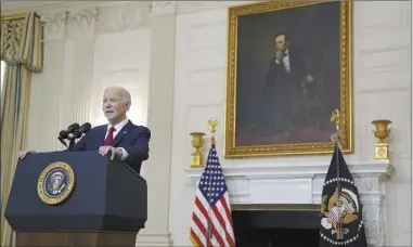  ?? AP photo ?? President Joe Biden speaks before signing a $95 billion Ukraine aid package that also includes support for Israel, Taiwan, and other allies, in the State Dining Room of the White House on Wednesday, in Washington.