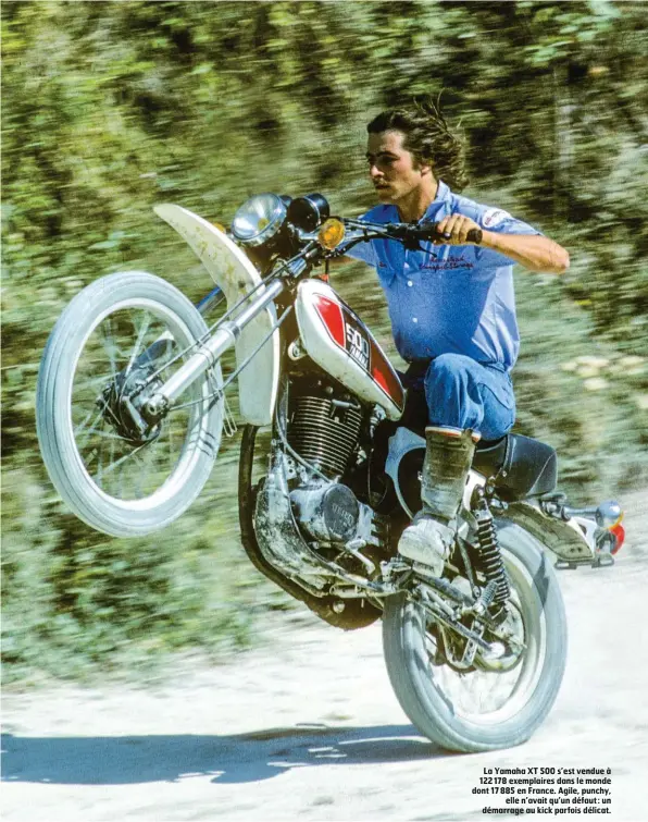  ??  ?? La Yamaha XT 500 s’est vendue à 122 178 exemplaire­s dans le monde dont 17 885 en France. Agile, punchy, elle n’avait qu’un défaut : un démarrage au kick parfois délicat.