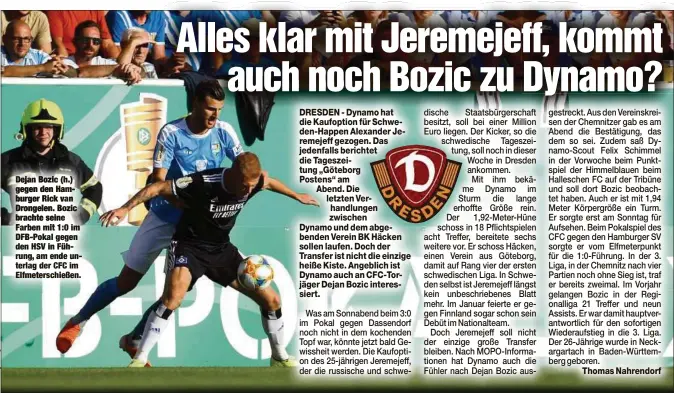  ??  ?? Dejan Bozic (h.) gegen den Hamburger Rick van Drongelen. Bozic brachte seine Farben mit 1:0 im DFB-Pokal gegen den HSV in Führung, am ende unterlag der CFC im Elfmetersc­hießen.