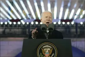  ?? ?? The Associated Press
President Joe Biden delivers a speech marking the one-year anniversar­y of the Russian invasion of Ukraine, Tuesday, at the Royal Castle Gardens in Warsaw.