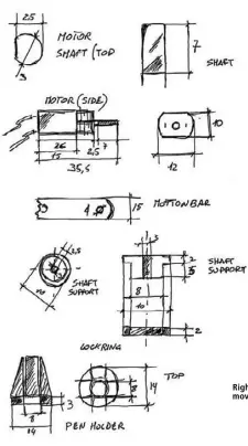  ??  ?? Left: Draft sketches of the mechanical parts and sizes for 3D design of the 3D-printed parts and the laser-cut flat parts (wheels and drawing bars)