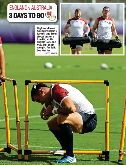  ?? GETTY IMAGES ?? Highs and lows: Youngs watches Farrell and Ford stoop under a hurdle, while (right) Daly and May pull their weight. Far left: Joe Marler