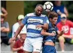  ?? CHRIS SYMES/PHOTOSPORT ?? Tasman‘s Paul Ifill and Auckland‘s Alfie Rogers compete for the ball.