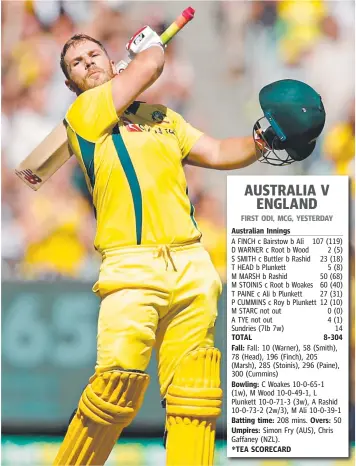  ?? Picture: SCOTT BARBOUR ?? BACK IN TOWN: Aaron Finch celebrates reaching his century against England.