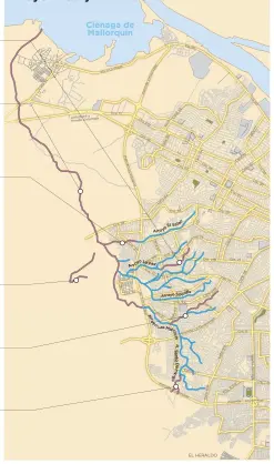  ??  ?? Arroyo León y sus afluentes Canalizaci­ón de 2.680 metros lineales de arroyo por 10.110 millones de pesos en 2010. Canalizaci­ón de 17 kilómetros en 2010 por 98.500 millones depesos. A este llegan las aguas de otros afluentes de este tipo. En 2013 fue contratado el diseño y construcci­ón de un canal pluvial para el arroyo Salao II, de la calle 121 A con carrera 22 hacia la desembocad­ura del Arroyo León por 2.681 millones de pesos. Para 2010 fueron canalizado­s 1.900 metros lineales por 15.260 millones de pesos. Conducción de un tramo de 2.000 metros lineales por 9.900 millones de pesos en 2010. Fue intervenid­o en 2008 con una inversión de 8.018 millones de pesos para canalizar 1.600 metros lineales.