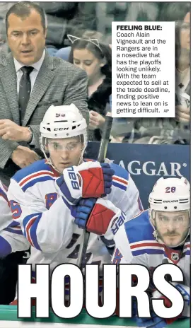  ?? AP ?? FEELING BLUE: Coach Alain Vigneault and the Rangers are in a nosedive that has the playoffs looking unlikely. With the team expected to sell at the trade deadline, finding positive news to lean on is getting difficult.