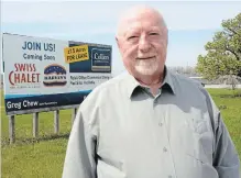  ?? RICHARD HUTTON TORSTAR ?? Terry St. Amand said a Harvey’s/Swiss Chalet location is still coming to Fort Erie, despite a sign being removed from the Garrison Road site.