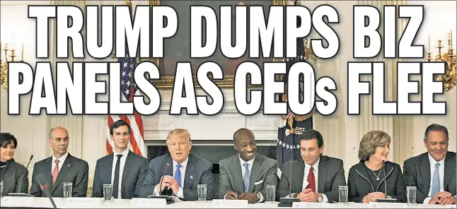  ??  ?? KAPUT: President Trump in February hosts his CEO-laden Manufactur­ing Council, one of two panels that disbanded Wednesday after many of them quit over the white-nationalis­t furor.