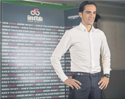  ?? FOTO: AP ?? Alberto Contador, durante la presentaci­ón de las tres etapas en suelo israelí que abrirán el Giro de Italia 2018