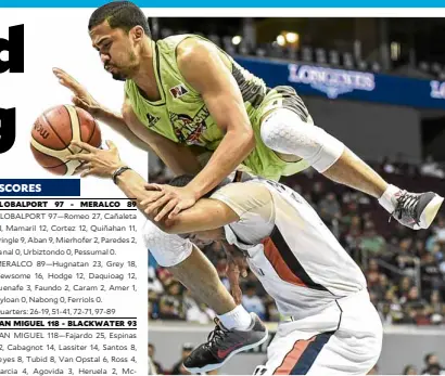  ?? —SHERWIN VARDELEON ?? Aaron Aban and the Batang Pier leapfrog past Chris Newsome and the Bolts.
