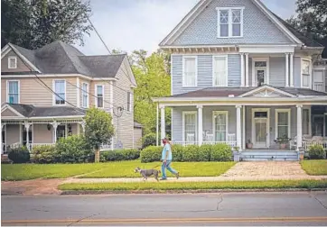  ?? AUDRA MELTON/FOR THE NEW YORK TIMES ?? A man walks his dog in September near Rees Park in Americus, Georgia. Dogs orient and move in synchrony with family members, which may have implicatio­ns for the emotional developmen­t of people and pets.