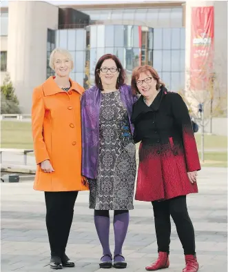  ?? GAVIN YOUNG ?? Co-organizers of the University of Calgary conference Speaking Her Mind, Christl Verduyn, left, and Aritha van Herk, right, welcome University of Toronto professor Sylvia Bashevkin on Thursday.