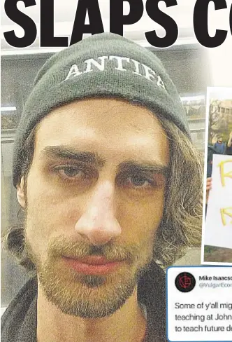  ??  ?? Cop-hating John Jay College of Criminal Justice Prof. Michael Isaacson (left and below at protest) tweeted (inset) that he likes teaching “future dead cops.”