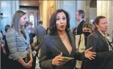  ?? DREW ANGERER / GETTY IMAGES VIA AFP ?? US Vice-President Kamala Harris speaks to reporters outside the Senate after the Inflation Reduction Act was approved in the chamber on Sunday.