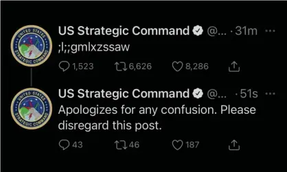  ??  ?? The US military’s gibberish tweet, and subsequent apology that added to the bafflement. Photograph: US Strategic Command/Twitter