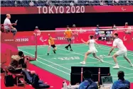  ??  ?? Pramod Bhagat and Palak Kohli in action during their mixed doubles match on Wednesday Photo: PCI president Deepa Malik