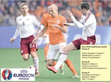  ??  ?? Latvia’s Aleksandrs Fertovs (L) vies with Dutch player Arjen Robben (C) during the Euro 2016 qualifying round football match between the Netherland­s and Latvia at the Arena Stadium in Amsterdam. - AFP photo