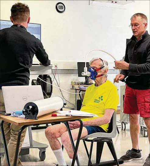  ?? LORCAN DALY ?? Morgan joined researcher­s at the physiology lab at the University of Limerick in Ireland. He developed his fitness with a simple, relatively abbreviate­d exercise routine, researcher­s noted.