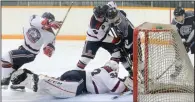  ?? NEWS PHOTO RYAN MCCRACKEN ?? Medicine Hat Travelodge Cubs captain Quinten Karg battles for the puck with Okotoks Bisons defenceman Bradley Whitehead in front of goaltender Devin Regan during Sunday’s Heritage Junior B Hockey League game at the Kinplex.